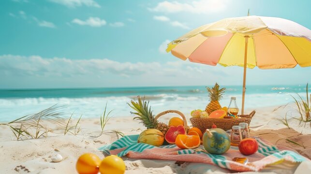 Picnic on a sandy beach, colorful beach umbrella, tropical fruits