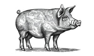 Fototapeta premium Pig, hog, boar. Vintage retro print, black white pig sketch ink pencil style drawing, linear drawing, engrave old school. Sketch artwork silhouette pig, hog, boar. Side view profile. Illustration