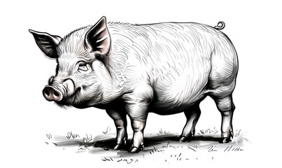 Fototapeta premium Pig, hog, boar. Vintage retro print, black white pig sketch ink pencil style drawing, linear drawing, engrave old school. Sketch artwork silhouette pig, hog, boar. Side view profile. Illustration