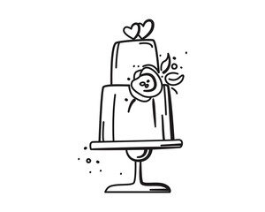 Wedding cake with flower and hearts. Doodle illustration for a pastry shop, invitations, save the date, wedding stationery. Hand Drawn Marriage Icon. Vector isolated logo on white background