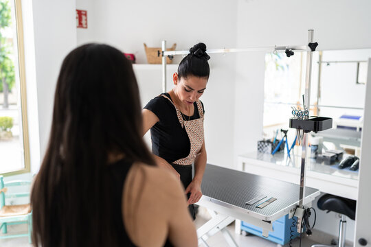 Dog groomer explaining grooming techniques to client in salon