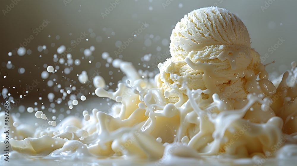 Aufkleber a scoop of vanilla ice cream sits atop a splash of milk, creating a delicious and dynamic image.