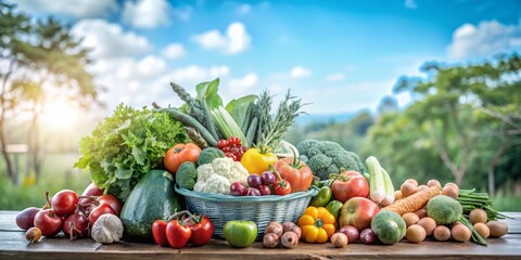 Assortment of vibrant veggies spills out of a basket onto a rustic garden table