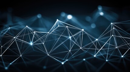 An immersive digital network showcases glowing connections and particles against a dark blue backdrop, ideal for technology or science-related projects and presentations