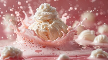 A scoop of vanilla ice cream with whipped cream on top, creating a splash of pink liquid.