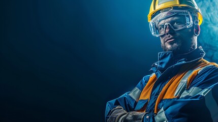 Fototapeta premium A construction worker in full safety gear, including goggles, gloves, and boots