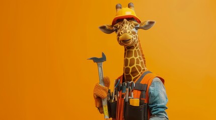 A construction giraffe worker equipped with various tools
