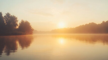Obraz premium Hazy sunset over a calm river, humid weather, golden hour light