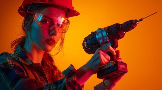 A construction worker actively using a power drill