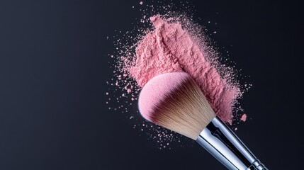 A close-up of a makeup brush with pink blush powder, showcasing beauty and cosmetic artistry against a dark background.