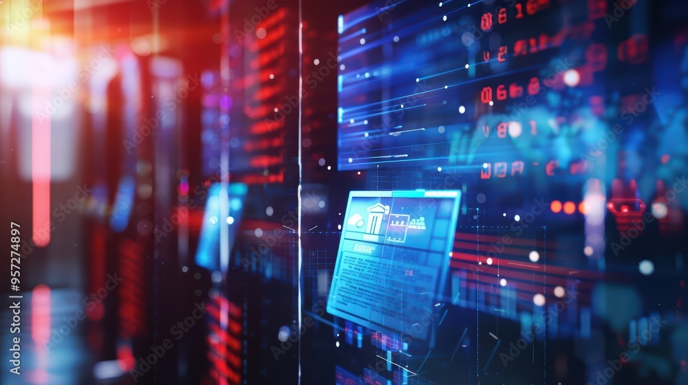 Poster futuristic data server room with vivid lights and technology interface, showcasing modern computing 