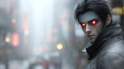 supeheroic character design concept set in a misty cityscape showcasing intense expression and glowing eyes suitable for mobile and desktop wallpaper