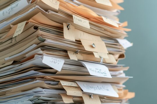 A cluttered stack of paperwork featuring organized folders and tags, representing the chaos of office management and documentation.