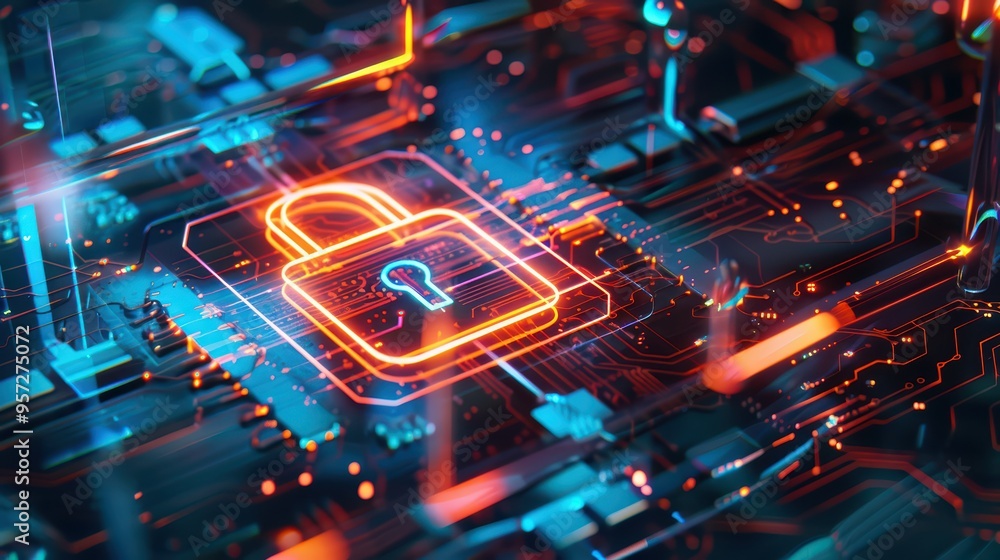 Poster futuristic digital lock glowing on a circuit board, symbolizing cybersecurity and data protection in