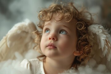 Fototapeta premium Adorable toddler wearing angel wings looking up