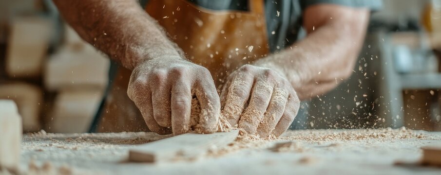 A craftsman skillfully shaping wood, surrounded by flying shavings, showcasing the artistry of woodworking.
