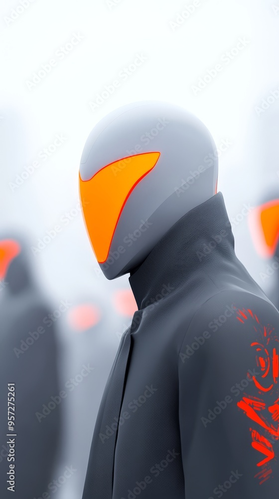Poster futuristic game hero character design concept with striking orange details in a misty abstract backg