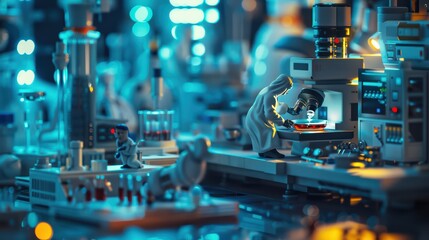 Futuristic laboratory scene with researchers using advanced technology for scientific experiments and analysis.