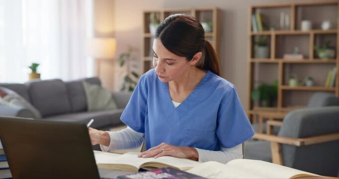 Woman, nurse and drinking with coffee for medical study, research or knowledge on computer or books at home. Female person, med student or intern working with caffeine for healthcare theory at house