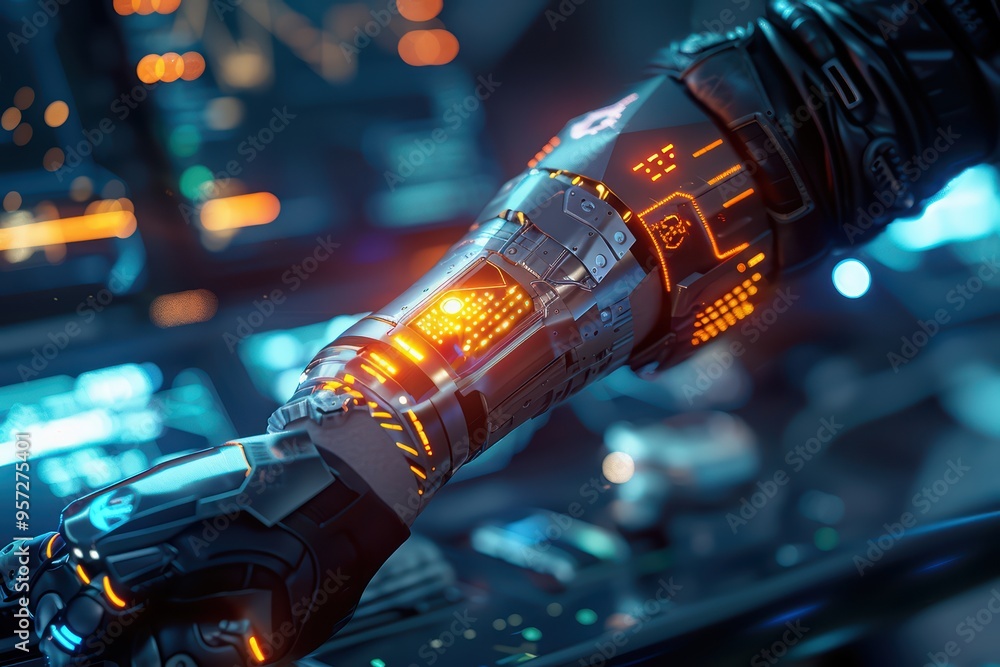Poster futuristic robotic arm with glowing circuits in a high-tech environment, showcasing advanced technol