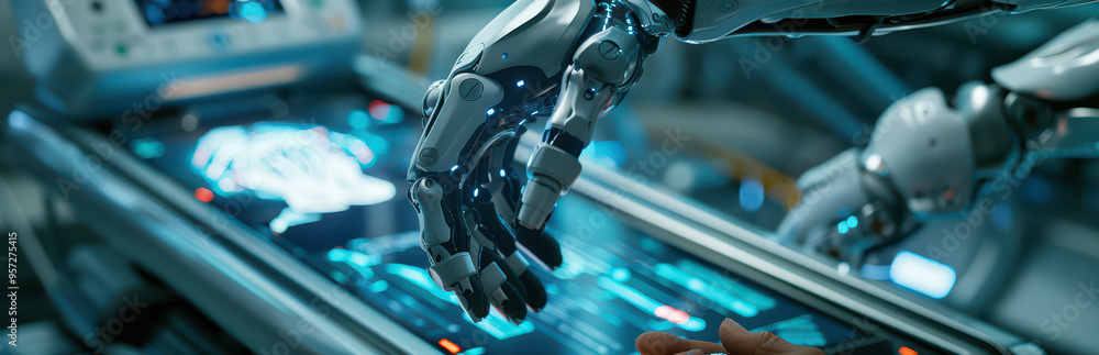 Poster futuristic robotic hand interacts with advanced technology display in a high-tech medical environmen