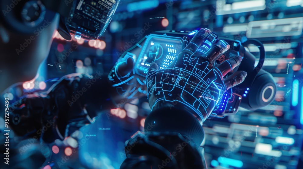 Poster futuristic robotic hand interacting with advanced technology in a digital environment, showcasing in