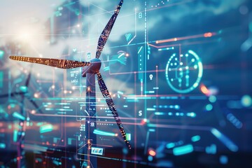 Futuristic wind turbine with digital interface, showcasing renewable energy technology and innovation against a blue sky backdrop.