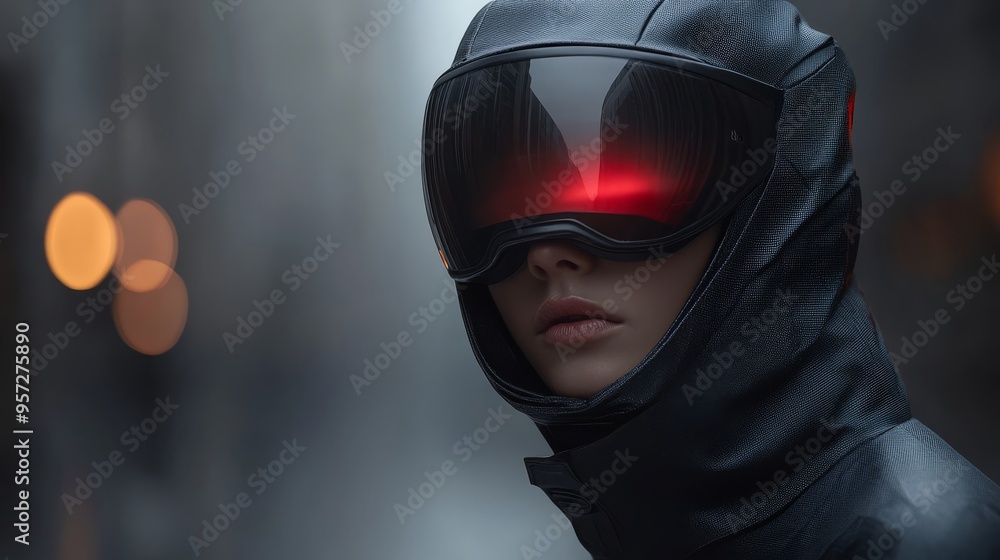 Poster futuristic game hero character design in an urban setting with striking red lights during twilight