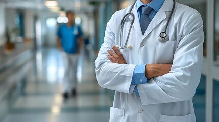 A doctor in a white coat with crossed arms stands in a hospital corridor while a nurse walks in the background during daylight hours