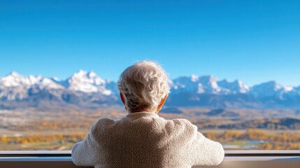 Fototapeta premium An elderly person enjoys a serene mountain view, reflecting on life amidst stunning nature and clear skies.
