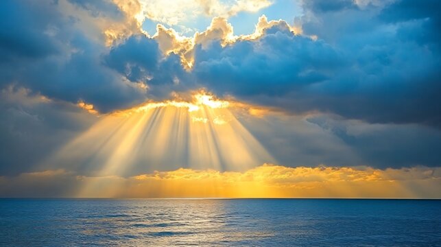 Sun rays breaking through dark storm clouds over the ocean, dramatic weather, hope after the storm