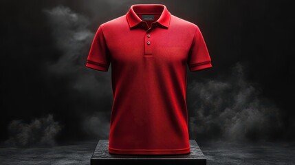 3D Mockup of a red polo shirt, showing both the front and back of the shirt on a pedestal, black background with smoke.