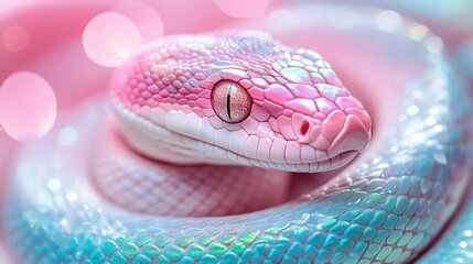 Fototapeta premium Close-Up of Colorful Iridescent Snake in Dreamy Pastel Light Bokeh