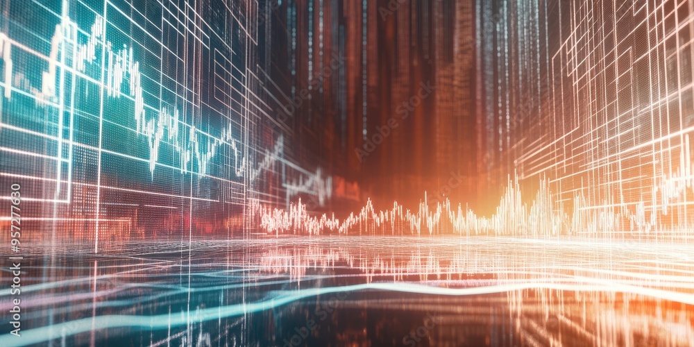 Poster 3d render, futuristic stock market scene with data visualized as flowing energy currents
