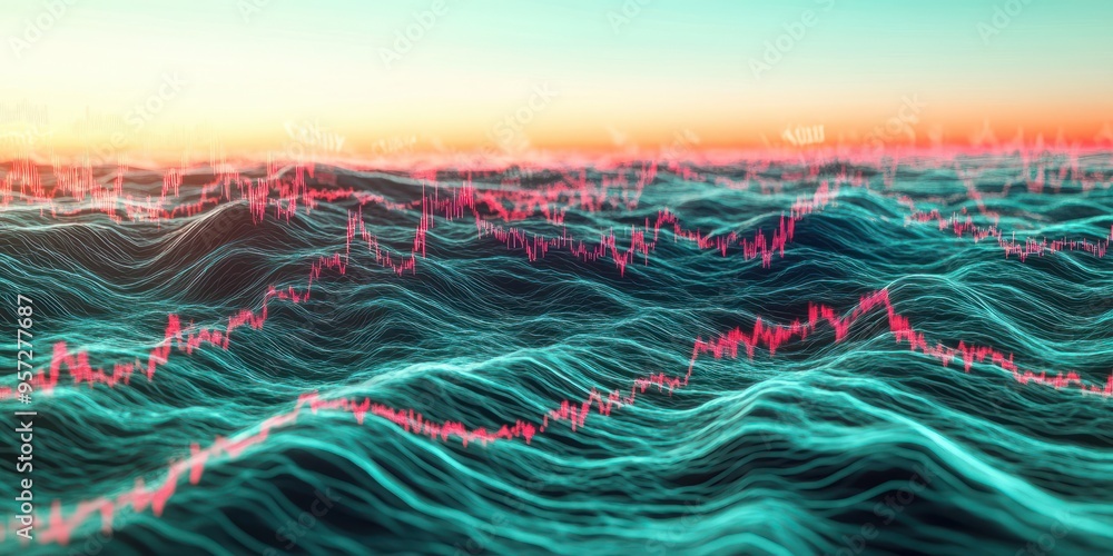 Aufkleber 3d render, futuristic stock market scene with data visualized as flowing energy currents