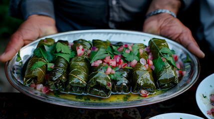 Person holding a platter of delicious mediterranean stuffed grape leaves, garnished with parsley and red onions