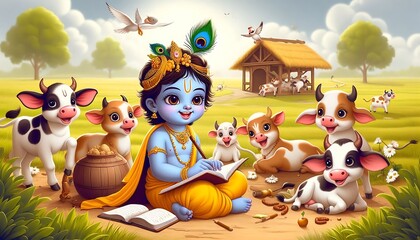 Lord Krishna with playing with little cows