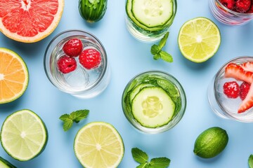 Refreshing and vibrant drink arrangement with citrus fruits, berries, and mint on a light blue background.
