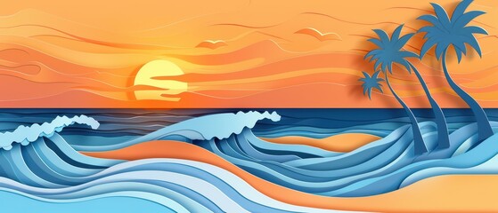 A beautiful sunset over the ocean with colorful waves and palm trees, creating a serene tropical landscape.