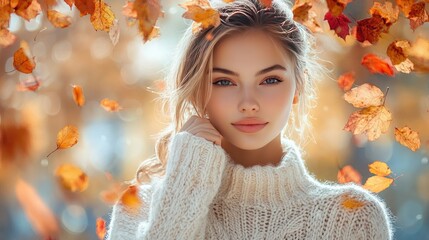 Young Woman in Cozy Sweater Surrounded by Falling Autumn Leaves in Sunlit Forest