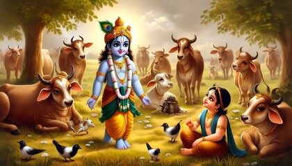 Lord Krishna with playing with little cows