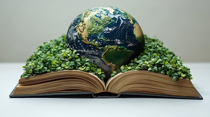 A globe resting on an open book with green sprouts growing from the pages, symbolizing the importance of learning and sustainability for the planet.