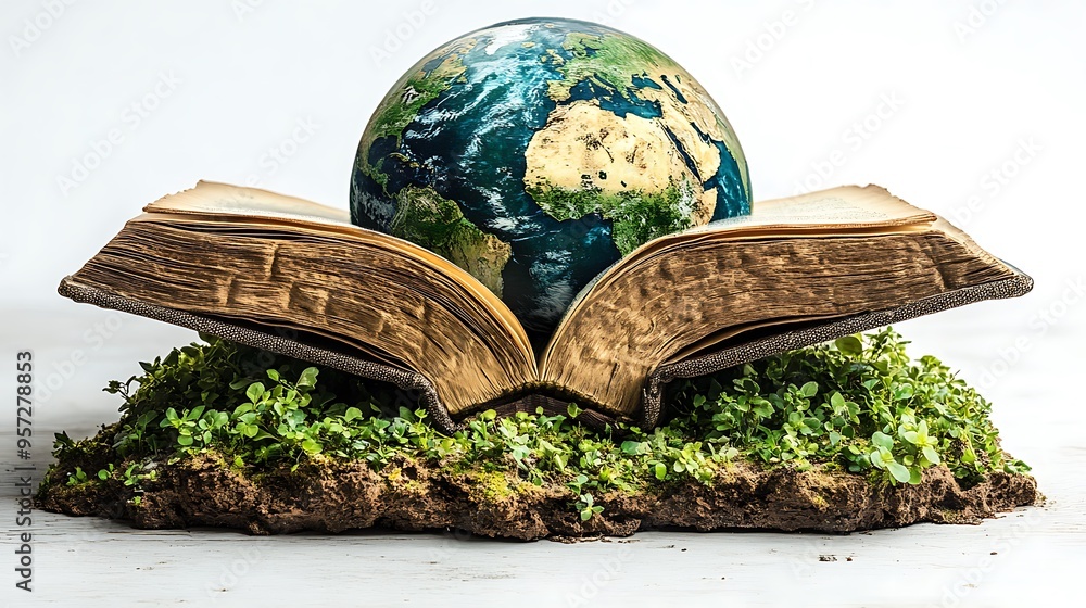 Poster an open book with a globe resting on its pages, surrounded by green moss and soil.