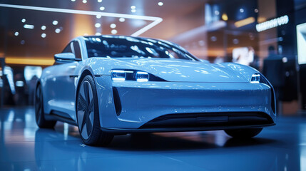 Futuristic Electric Car in a Modern Showroom Setting with LED Lighting