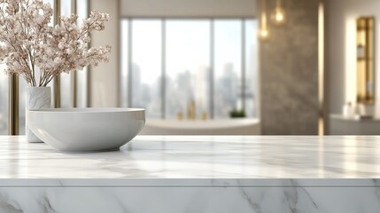 Elegant marble countertop with minimalist decor featuring a bowl and a bouquet, perfect for modern interior design inspiration.