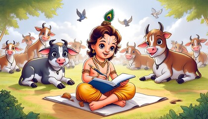 Lord Krishna with playing with little cows