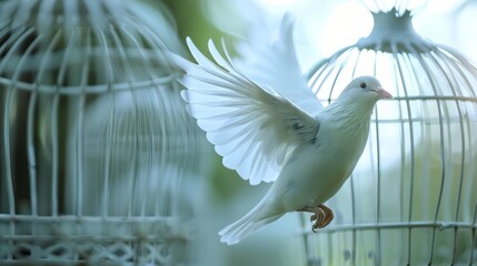 White bird flying out of cages. Freedom concept