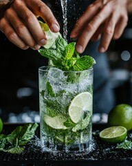 A bartender mixing a classic mojito with fresh mint and lime