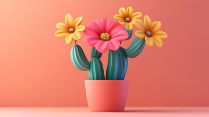 Fototapeta premium A vibrant, colorful cactus with flowers in a pink pot against a soft pastel background, perfect for home decor or botanical themes.