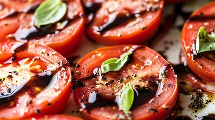 Juicy tomato slices on a fresh caprese salad, drizzled with balsamic glaze, vibrant and refreshing.